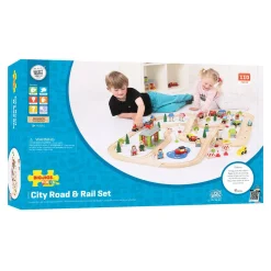 Houten Treinbaan en Autobaan Set, 105dlg.>Bigjigs New