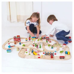 Houten Treinbaan en Autobaan Set, 105dlg.><noscript><img width=