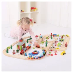 Houten Treinbaan en Autobaan Set, 105dlg.><noscript><img width=