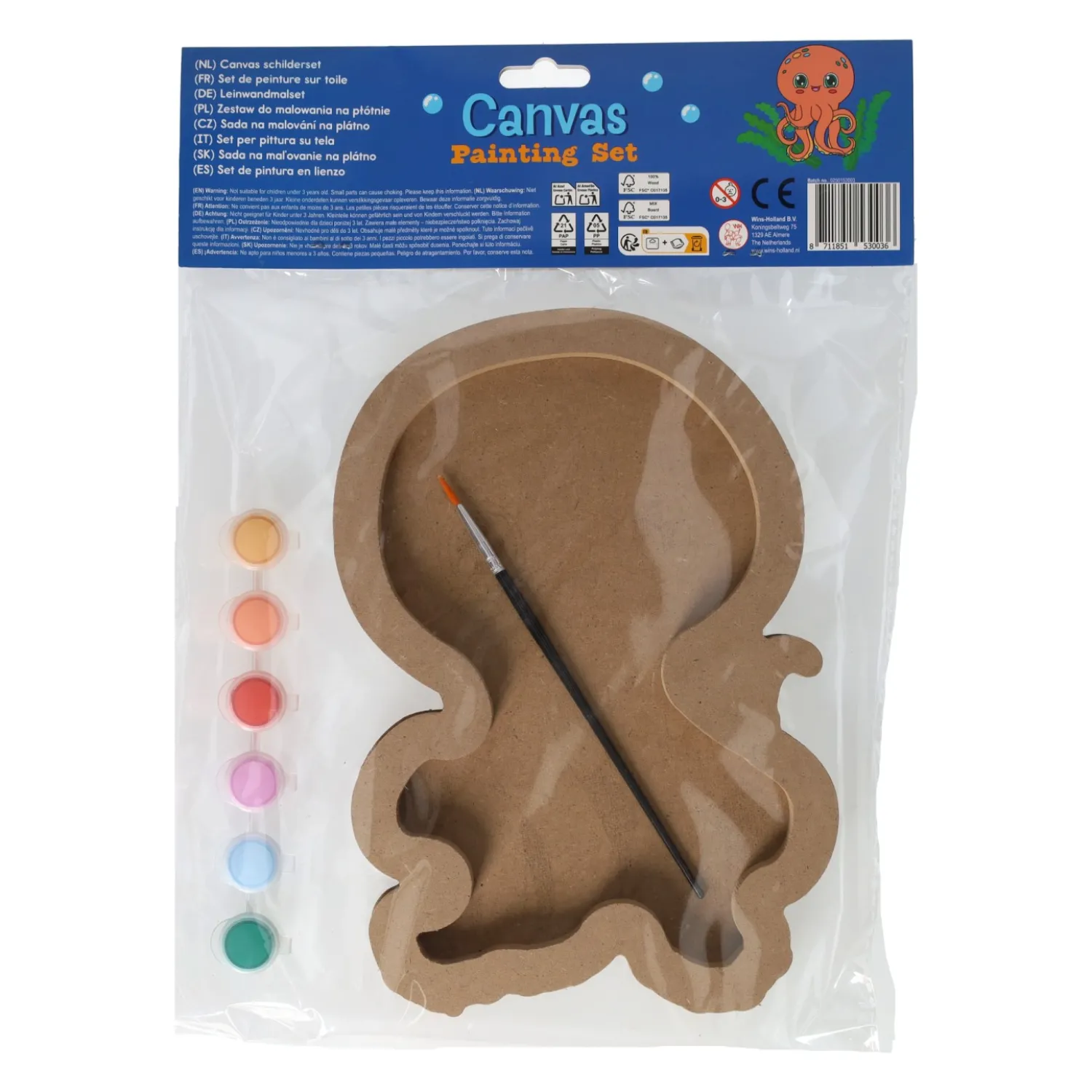 Wins Holland Canvas Schilderen - Octopus - incl Penseel en 6 kleuren verf Clearance