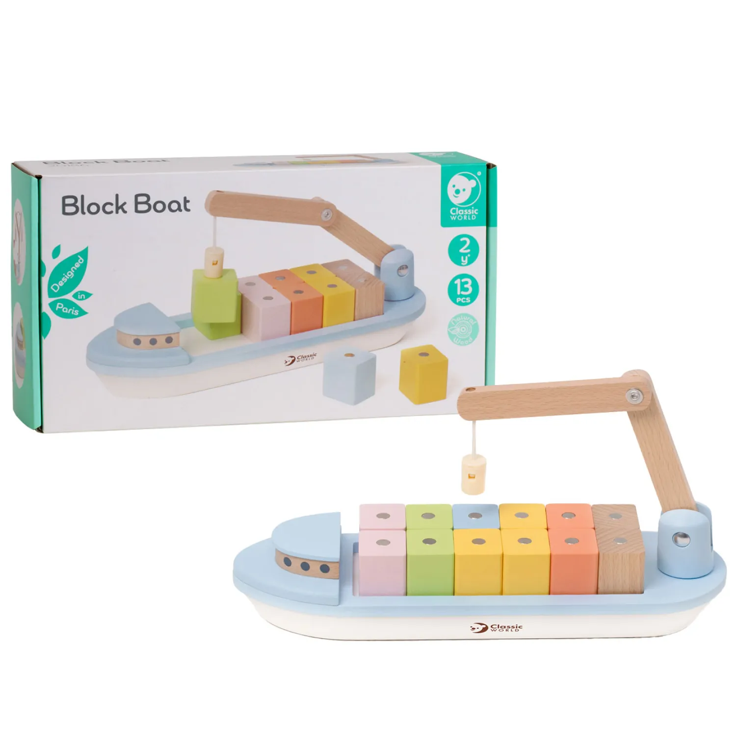 Houten Blokkenboot met Kraan, 13dlg.-Classic World Sale