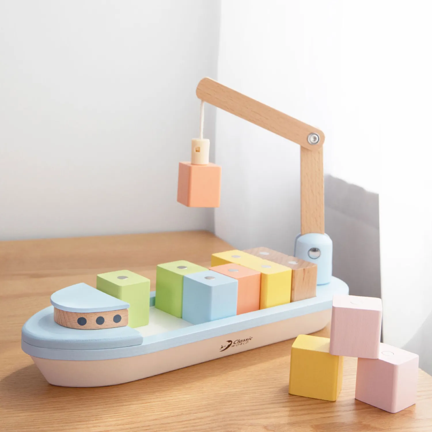 Houten Blokkenboot met Kraan, 13dlg.-Classic World Sale