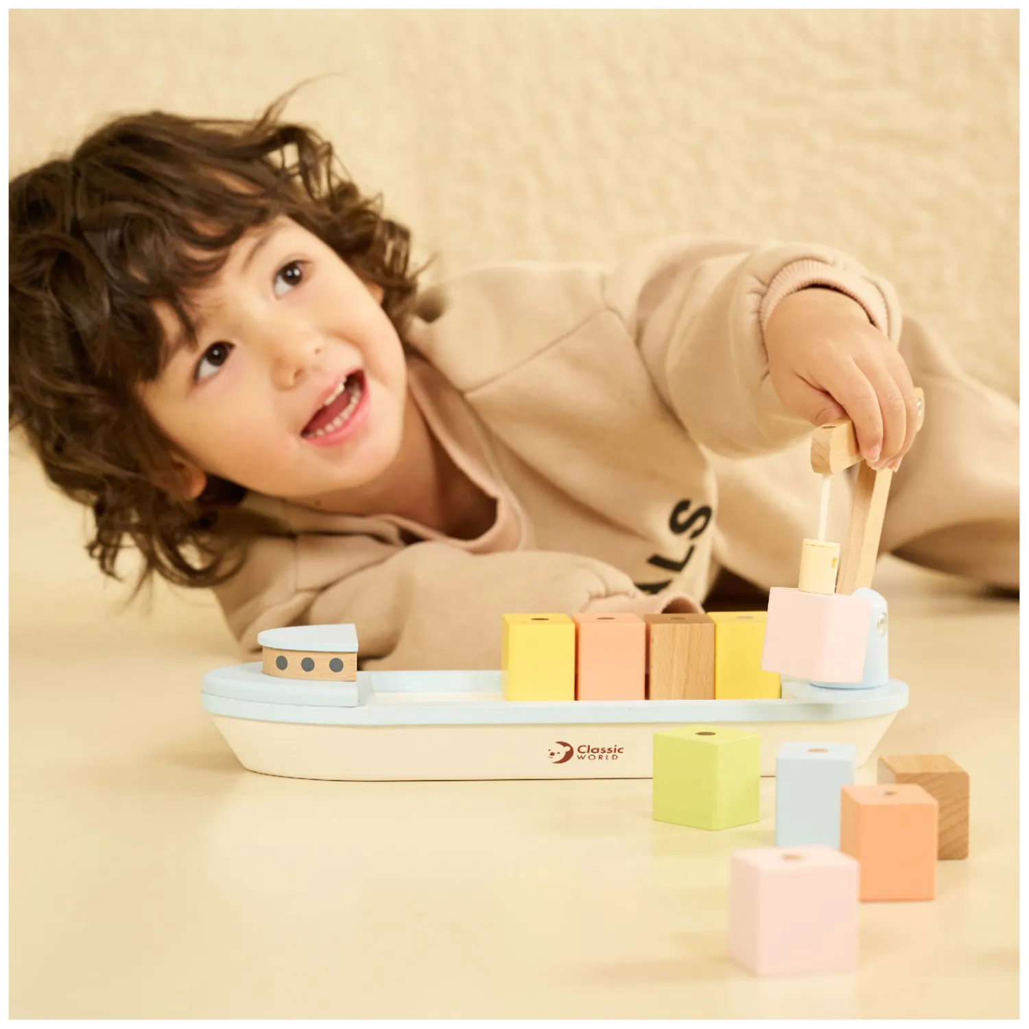 Houten Blokkenboot met Kraan, 13dlg.-Classic World Sale