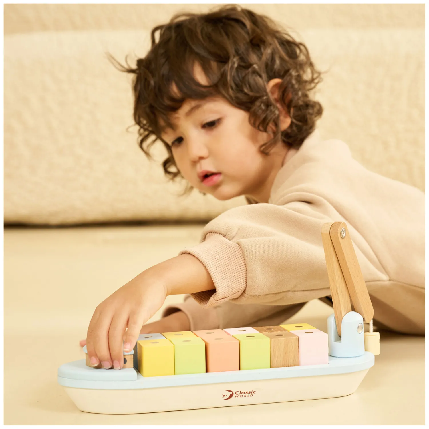 Houten Blokkenboot met Kraan, 13dlg.-Classic World Sale