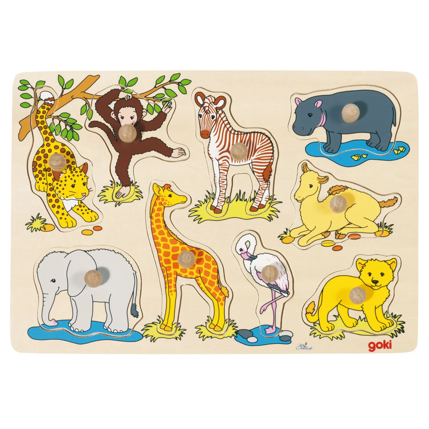Houten Noppenpuzzel Wilde Dieren, 9dlg.>Goki Outlet