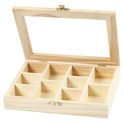 Houten Doos met Glazen Deksel en 10 vakken-Creativ Company