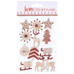 Houten Kerststickers met Glitters, 12st. Best