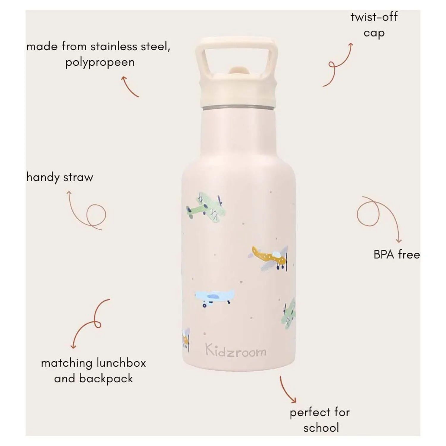 Kidzroom Drinkfles Sweet Sips Vliegtuigen, 350ml Clearance