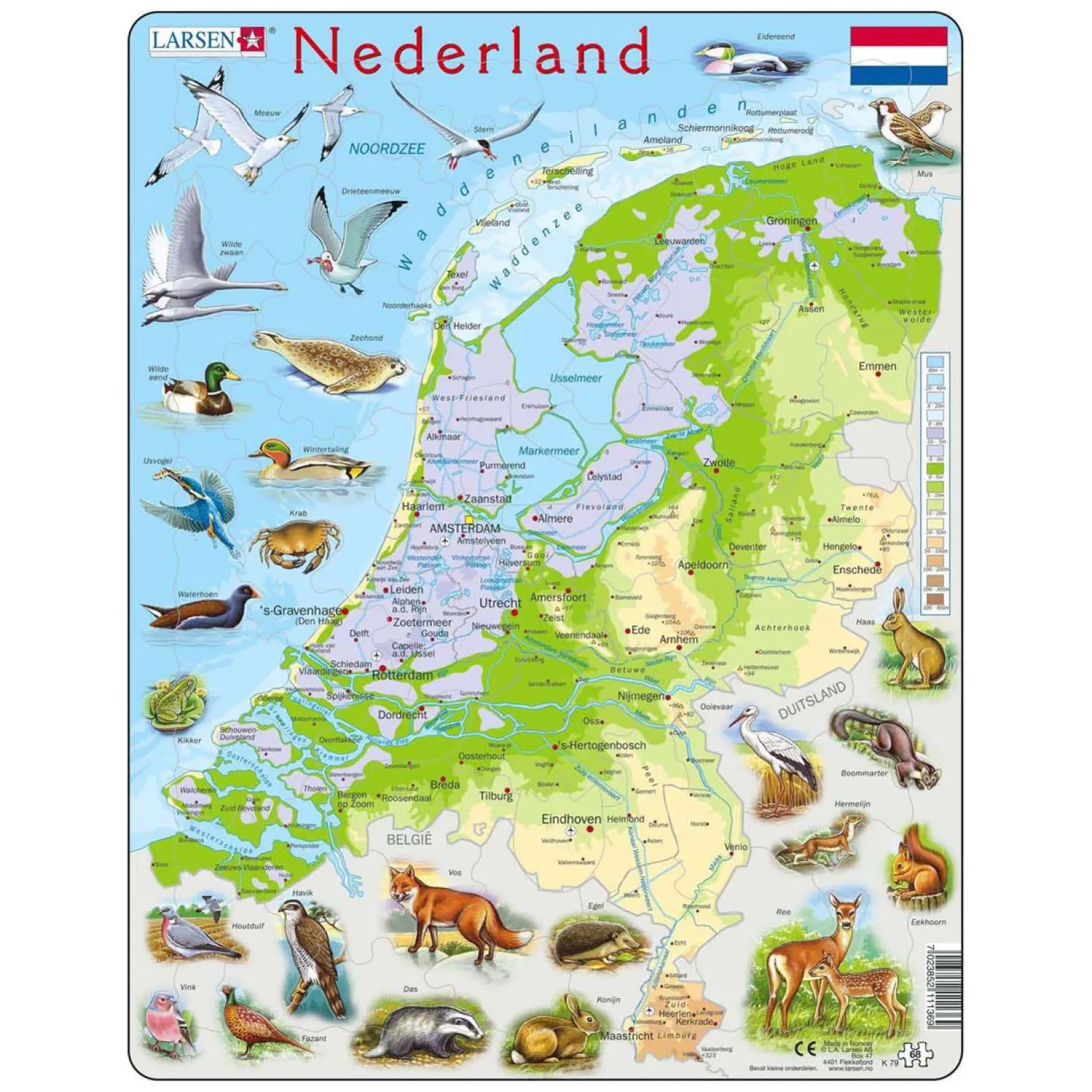 Larsen Legpuzzel Kaart Nederland - Geografisch met Dieren, 68st.-Selecta Best