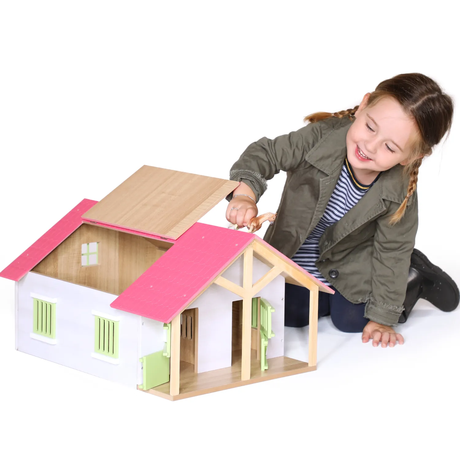Paardenstal Roze met 2 Boxen en Berging, 1:24-Kids Globe Outlet