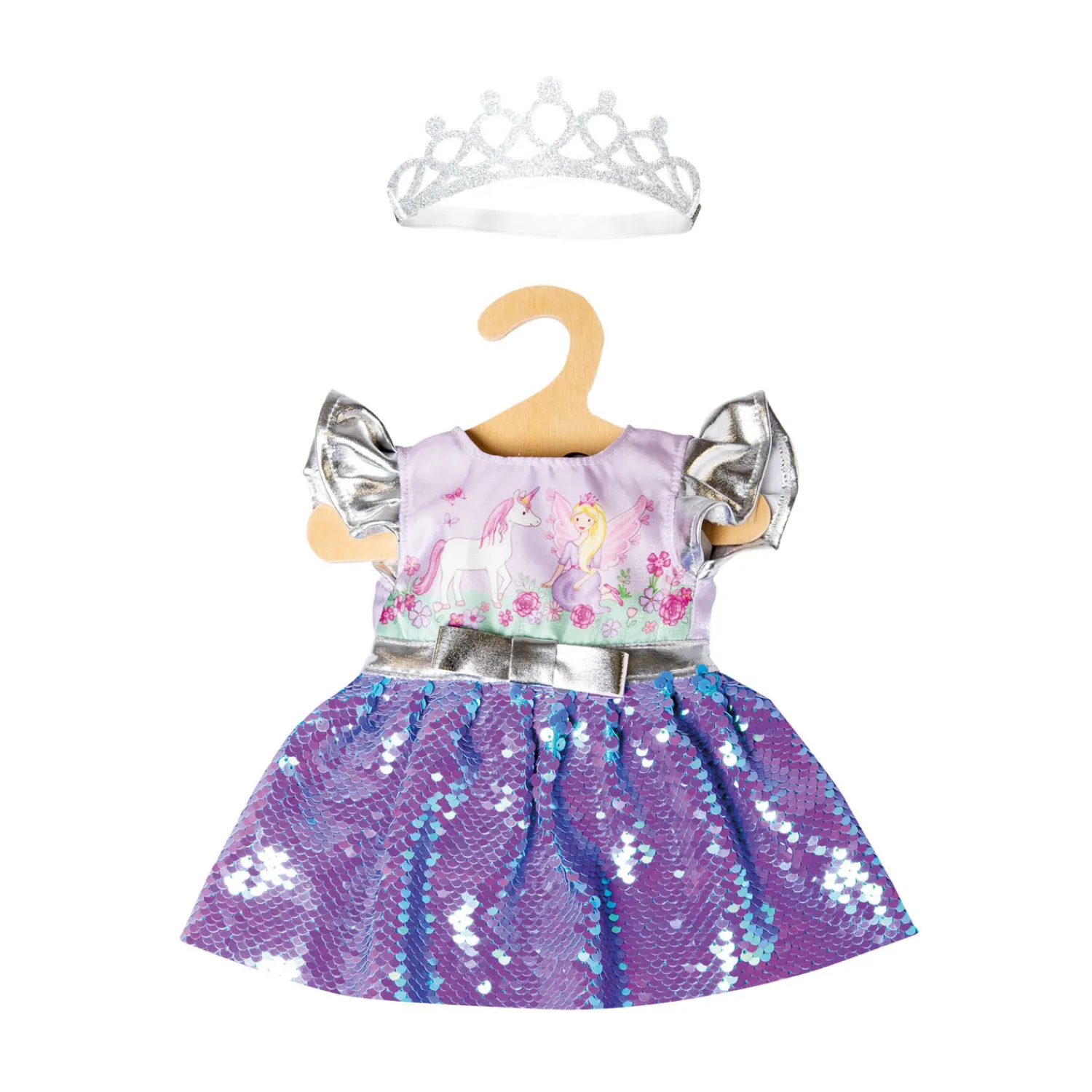 Poppenjurk Fee en Eenhoorn met Sequins en Kroon, 28-35 cm-Heless