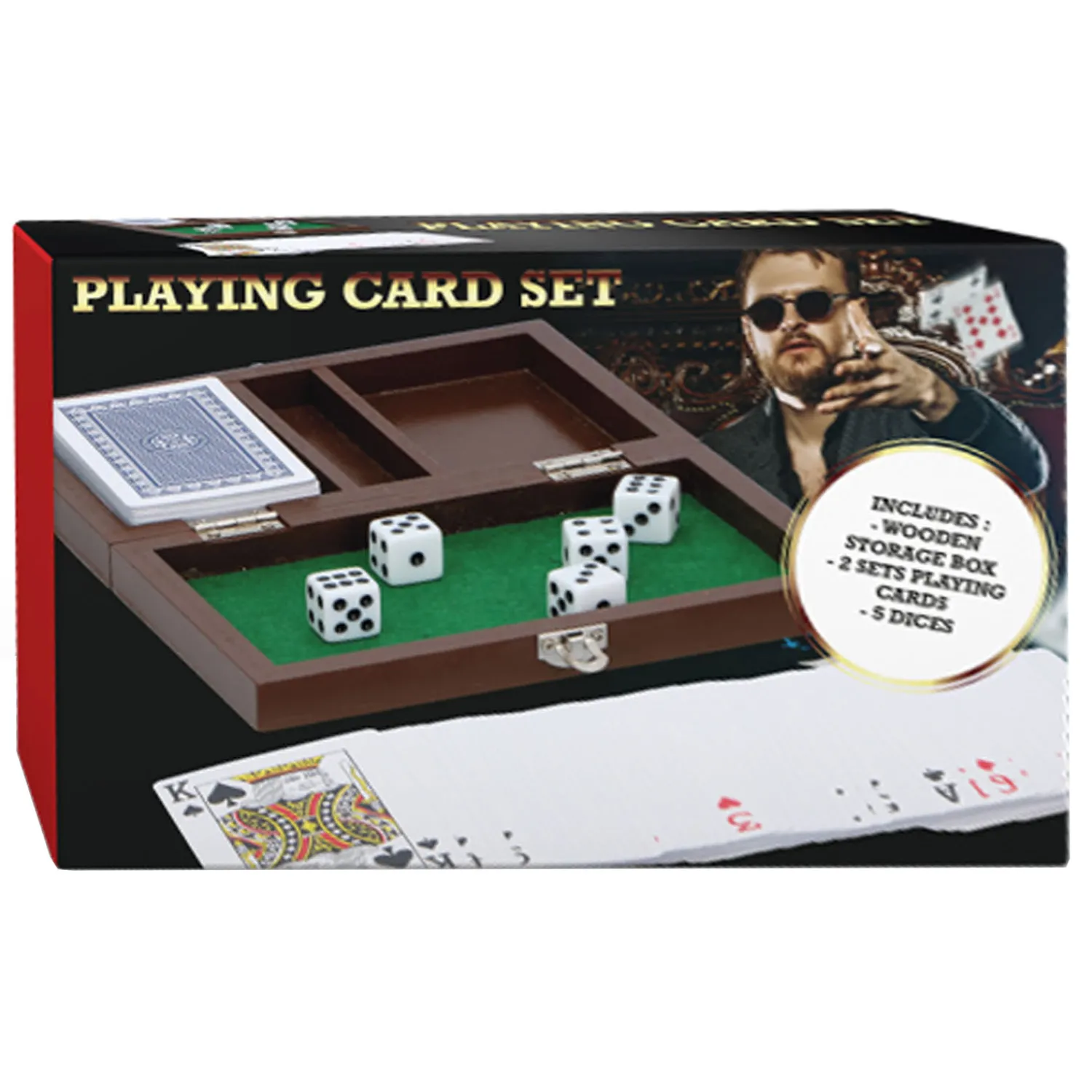 Speelkaarten- en Dobbelset in Houten Kist- Online