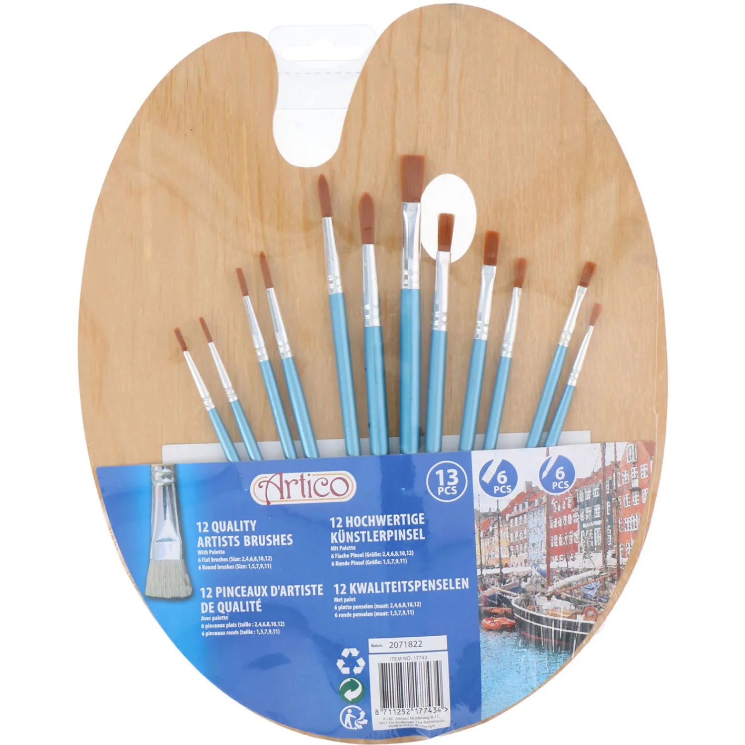 Verf Penselen met Houten Schilderspalet, 13dlg.>